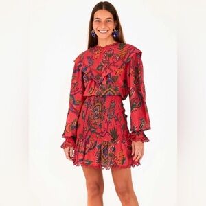 Farm Rio Red Sunset Tapestry‎ Mini Dress Smocked Crochet Boho Cottagecore